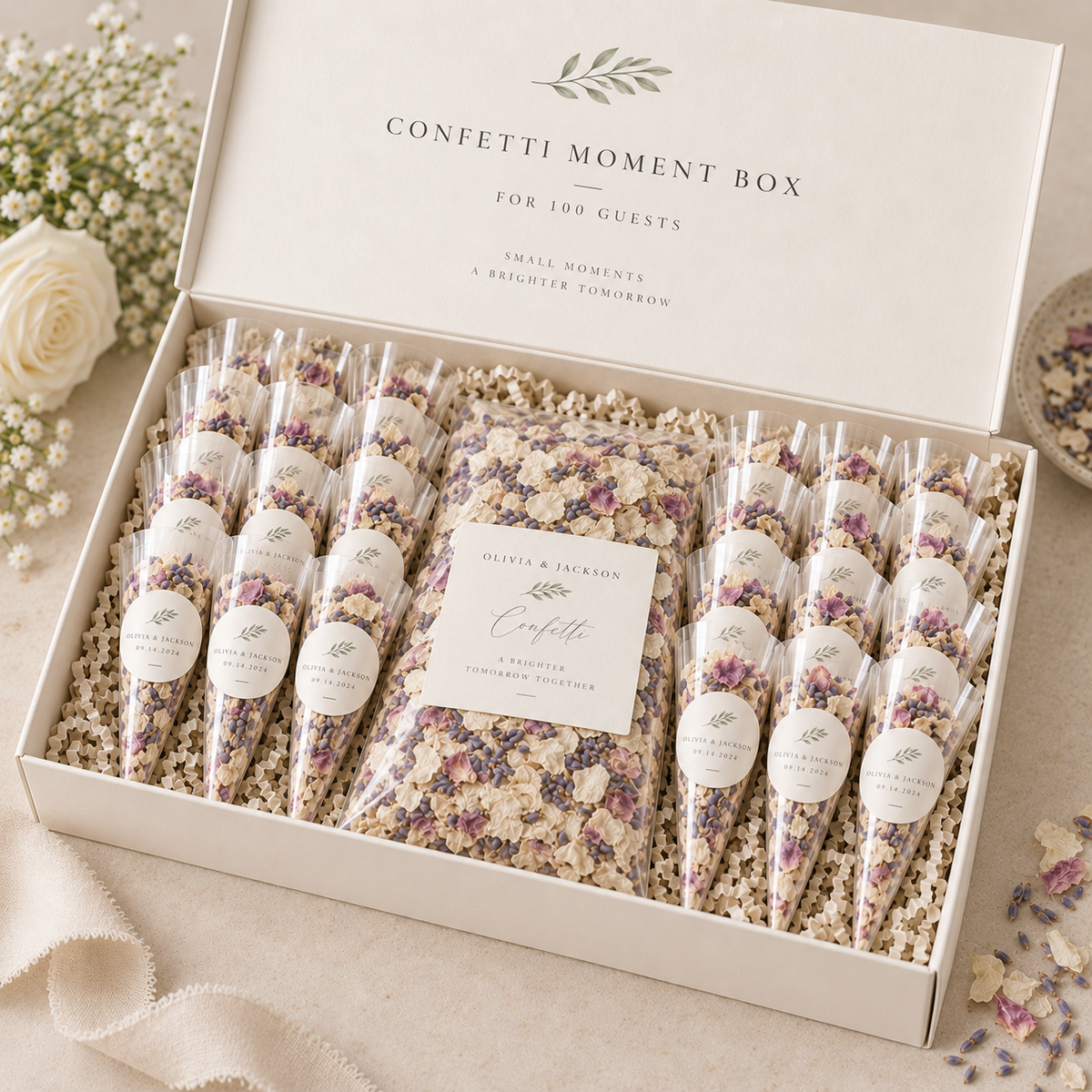 Natural wedding confetti cones prepared for an Irish wedding