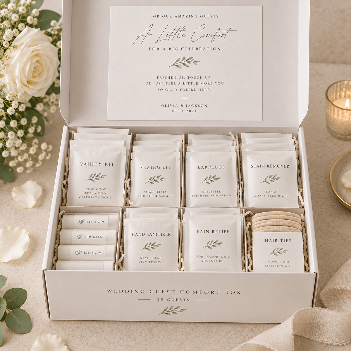 Wedding bathroom basket and guest comfort essentials