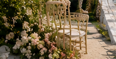 Garden ceremony aisle with soft florals and elegant seating