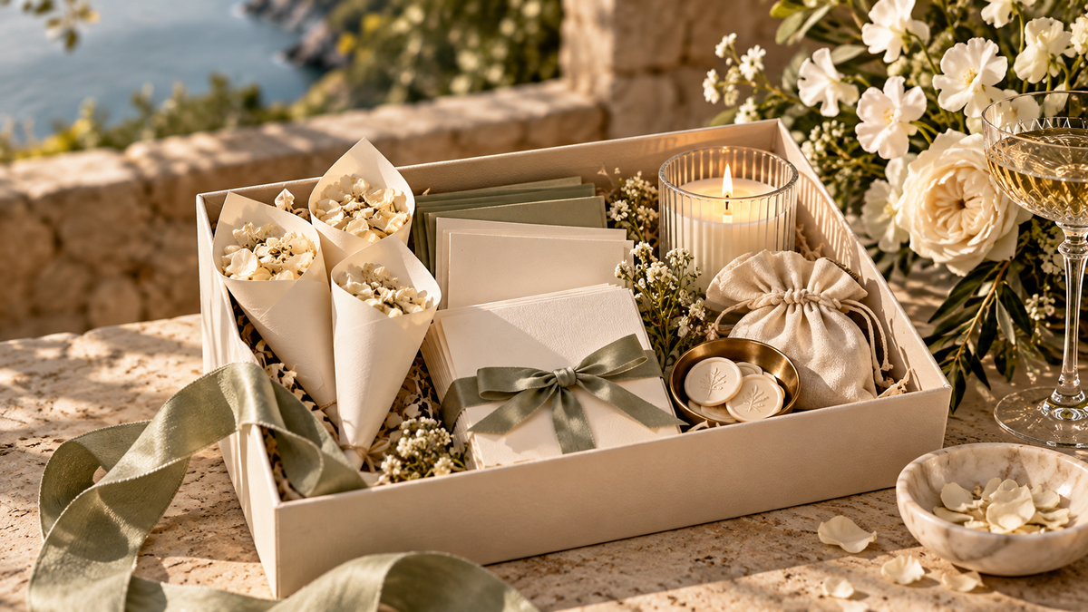 Curated wedding bundle with coordinated stationery, favours and finishing touches