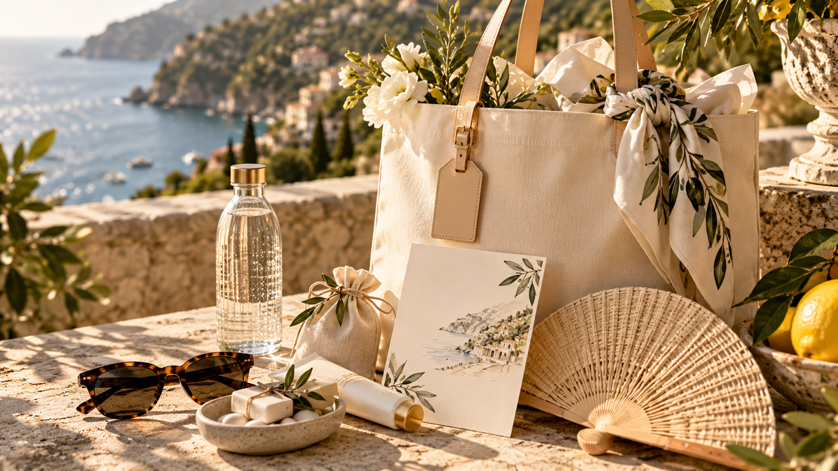 Destination wedding welcome details with tote bag, fan, sunglasses and Mediterranean view