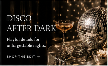 Disco After Dark wedding edit with mirrorball, coupe glass and metallic details