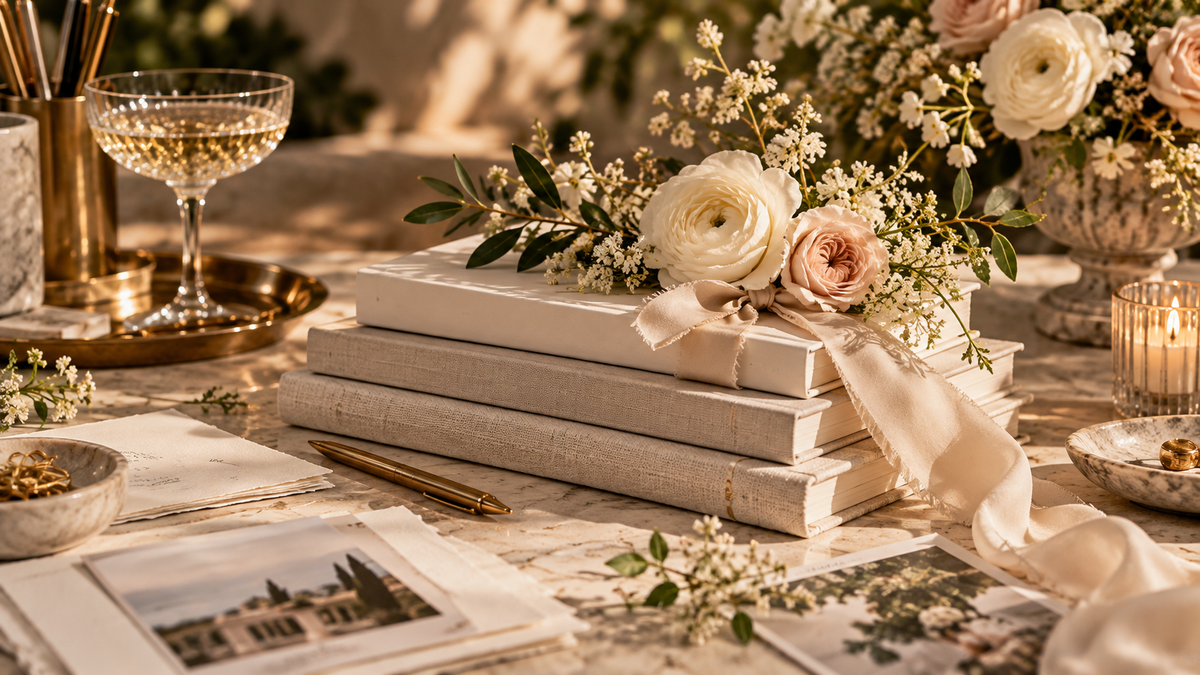 Personalised wedding stationery and keepsake details in soft neutral tones