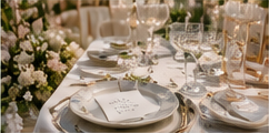 Elegant wedding reception tablescape with warm neutral styling