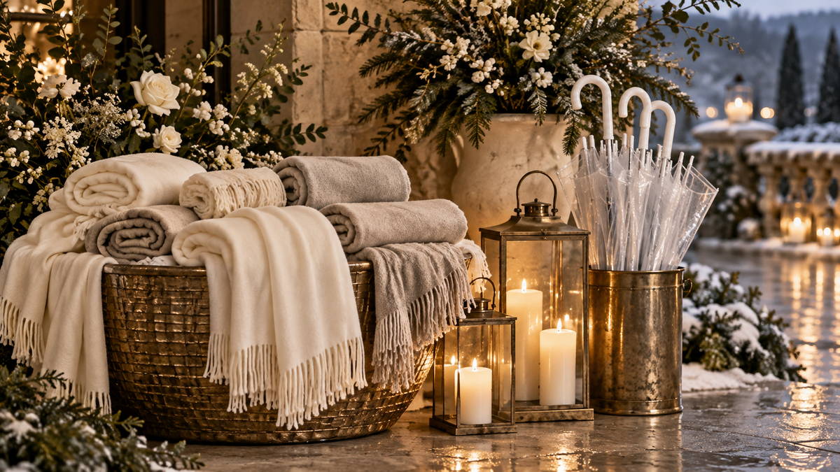 Winter wedding guest comfort station with blankets, clear umbrellas and candlelight