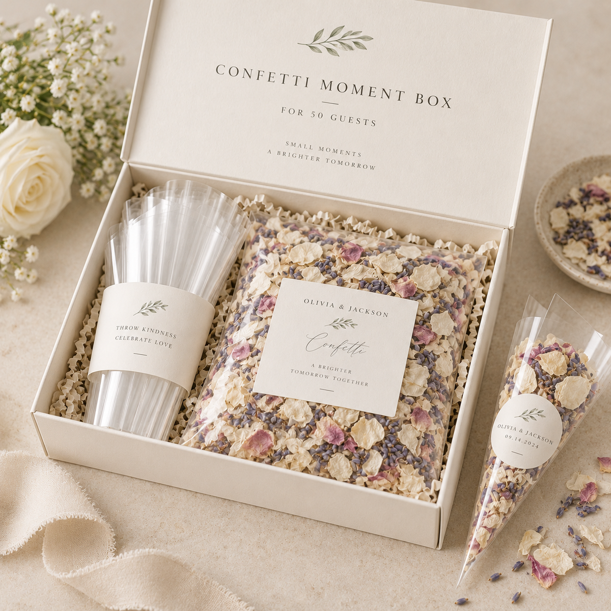 Wedding confetti box with 25 cones, serving approximately 50 guests