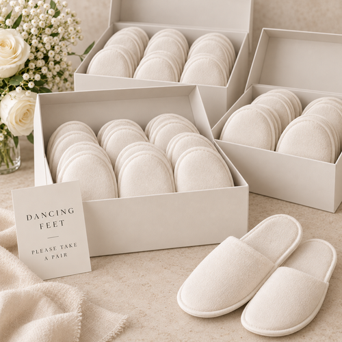 Illustrative Dancing Feet presentation with plain white slippers across three white boxes; no personalised slipper bands.