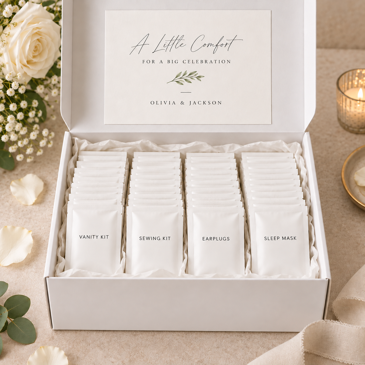Illustrative white guest comfort box with vanity kits, sewing kits, earplug packs and individually packed sleep masks, and optional personalised lid card.