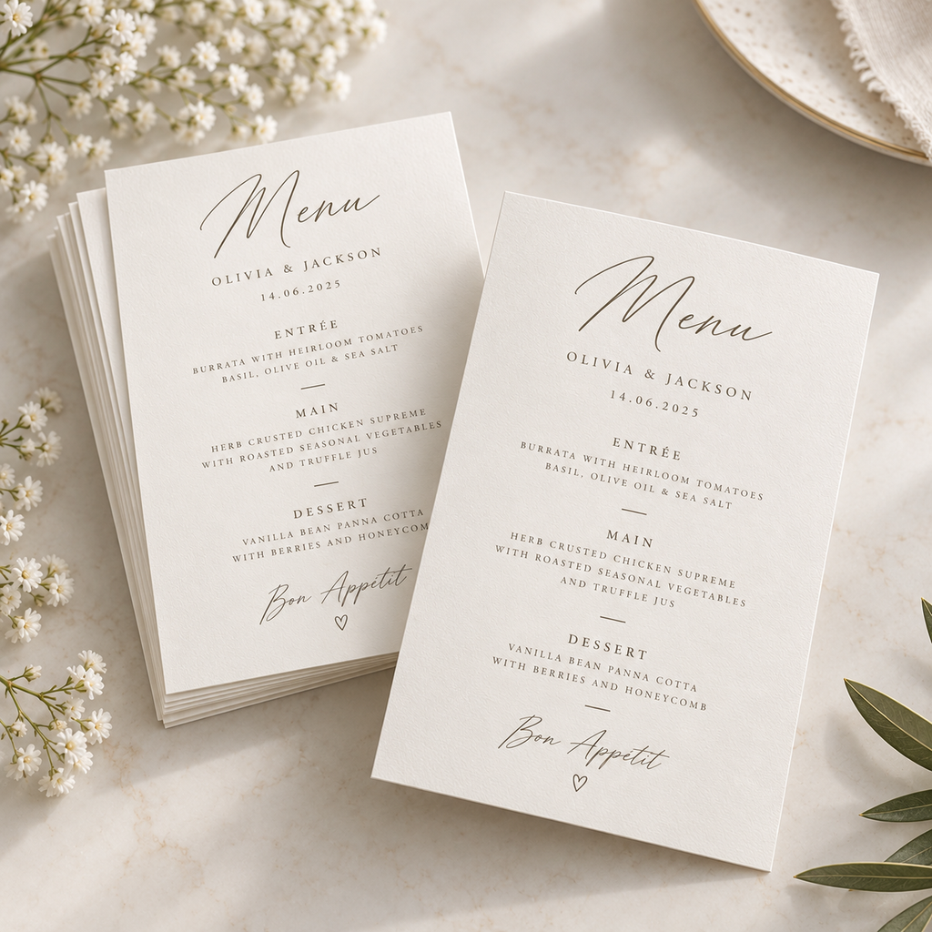 Personalised A5 wedding menu cards printed on premium uncoated card