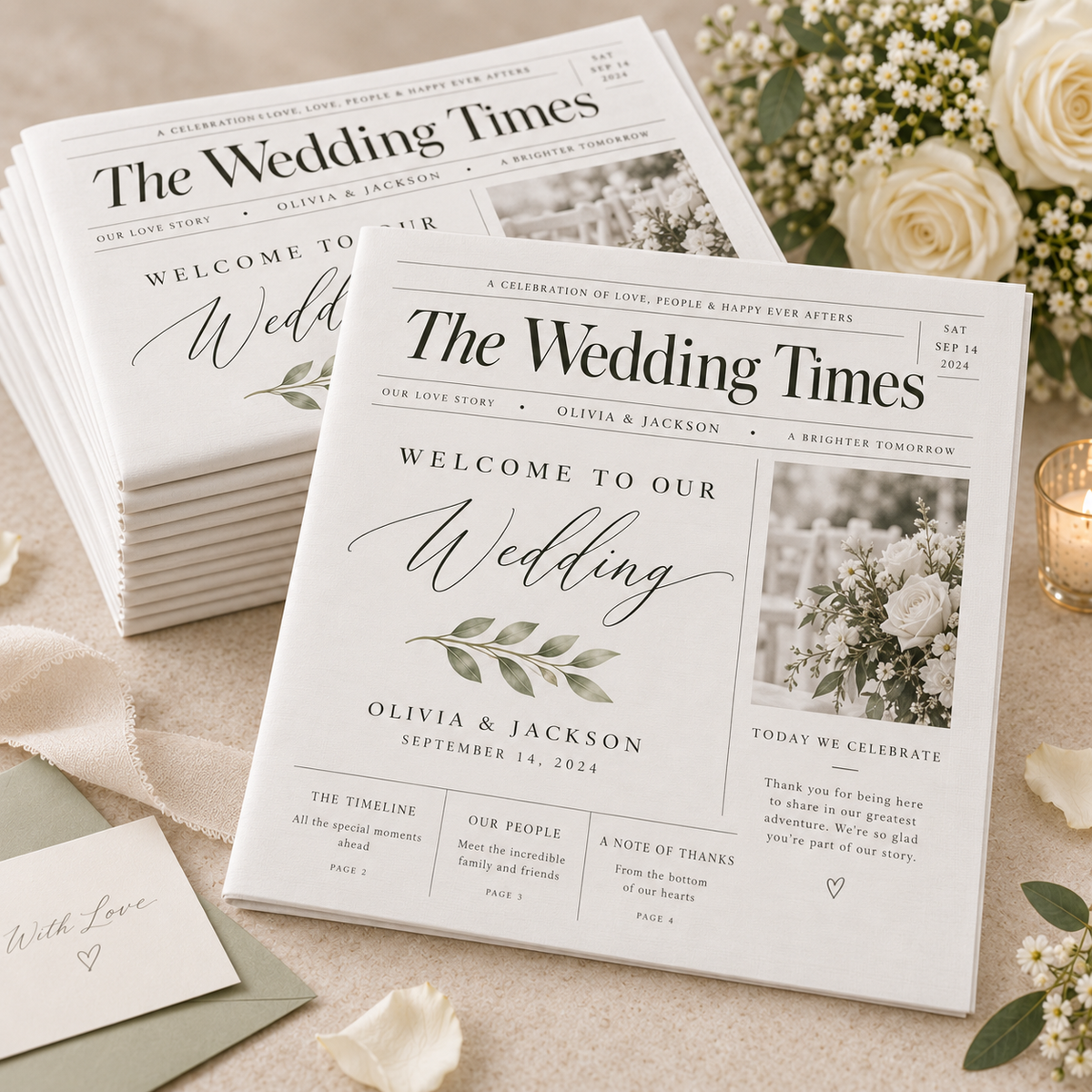 Personalised four-page wedding newspaper printed on uncoated paper