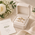 Cream wedding ring box with a blank unpersonalised inside lid and two gold rings
